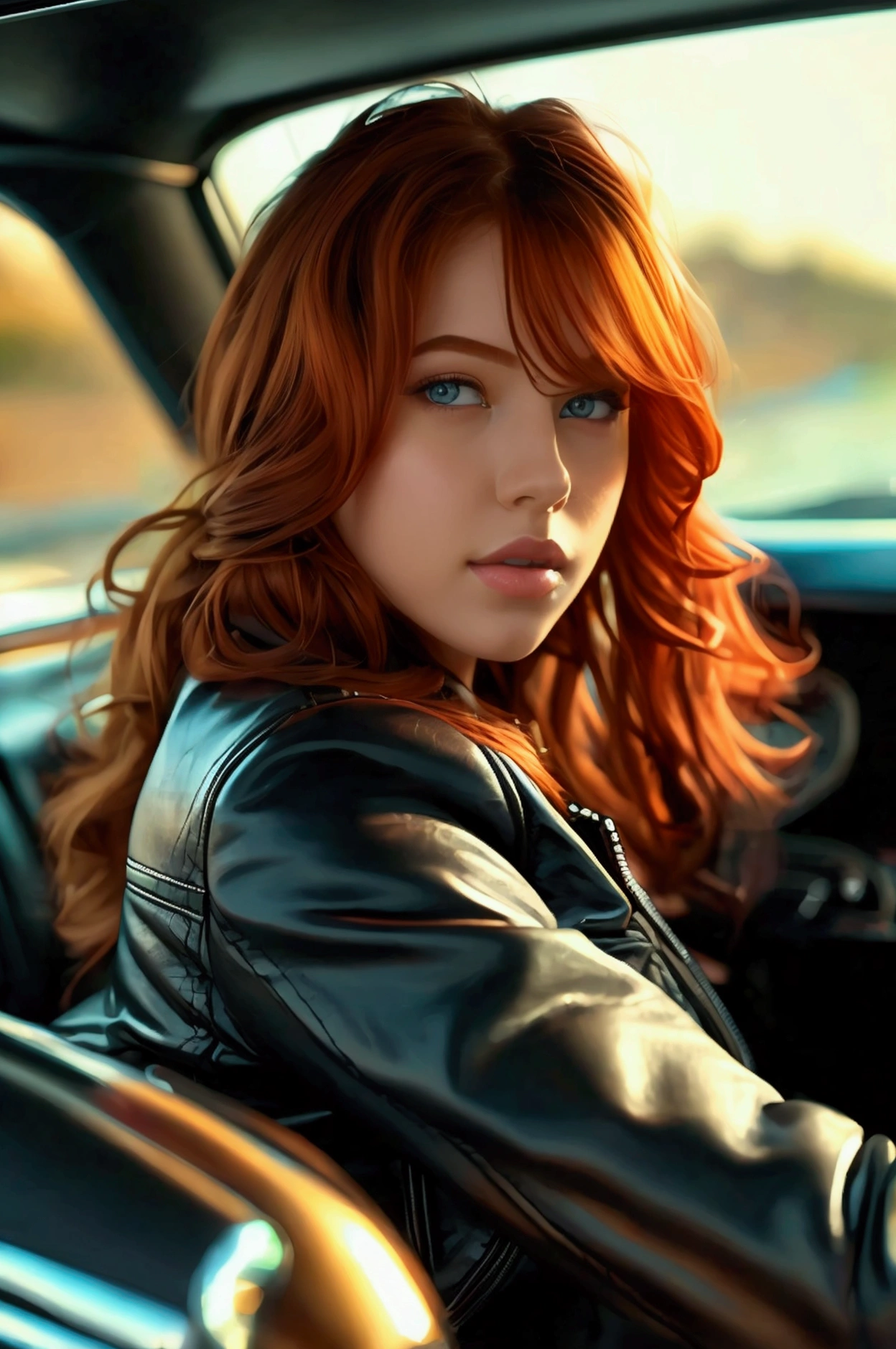 ultra realistic, photography, long red hair, girl, 24 years old, hourglass figure, perfect body, small breasts, Flirty look, extremely detailed artgerm, in the style artgerm, facing the camera, lens 35 mm, blur background, black chevrolet camaro SS 1968, driving her car on the highway with the windows open, wearing a leather jacket, tight tshirt, tight leatherpants, leatherboots,