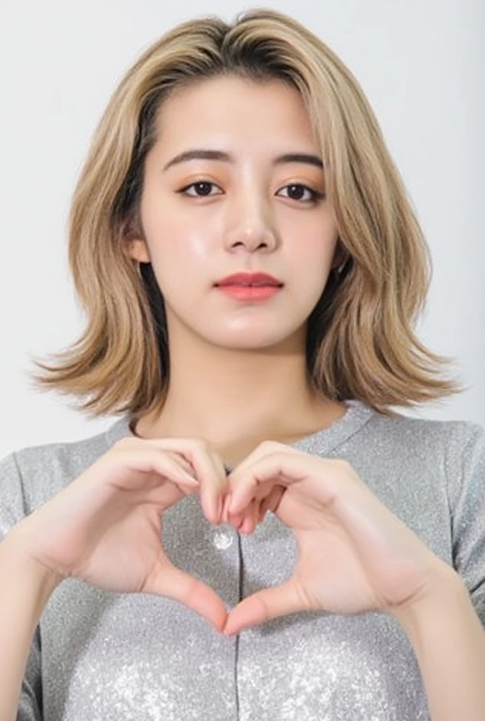  1 woman with a cute smile、I'm wearing cute clothes 。,  fluffy off-shoulder pajamas,  Making a big heart with both hands , Hold it in front of your chest , View above the collarbone、  has a monotone background  

