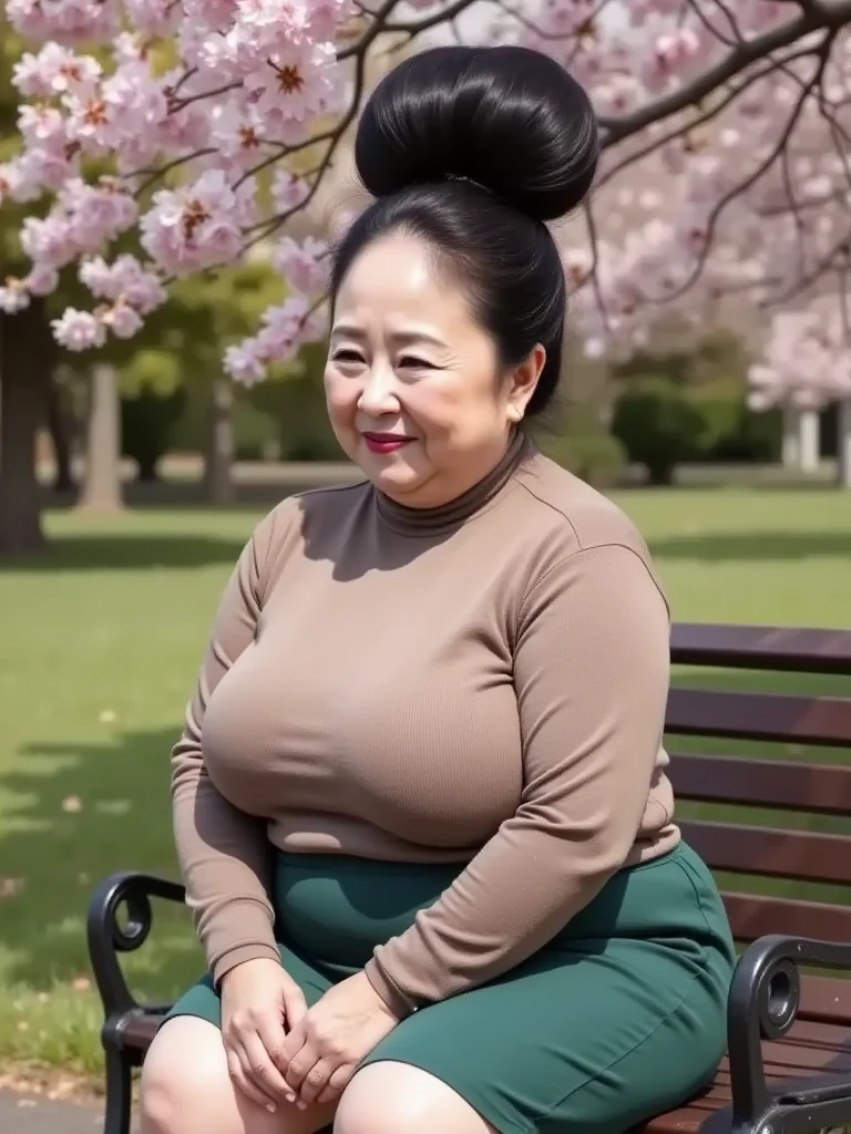 8k,Highest quality, masterpiece, Ultra-high resolution,(masterpiece:1.6, Highest quality), Intricate details, 1 female, Middle-aged woman in her 50s, japanese,upper body, squatting, arms up, top of head,((jet Black Hair:1.5)) ,((A gigantic hair bun, A huge hair bun:1.５)), ((forehead:1.5)), ((Extremely obese, Fat face, round face, Saggy face, crow's feet wrinkies:1.4)), ((super huge breasts, super gigantic breasts:1.5)), ((super Saggy breasts:1.5)), ((pale skin, shiny skin,red lips)),(( mature woman sitting on a bench under a cherry tree is squirming with her hands on a ridiculously huge hair bun, brown high neck sweater ,deep green miniskirt , white sneakers  :1.5))