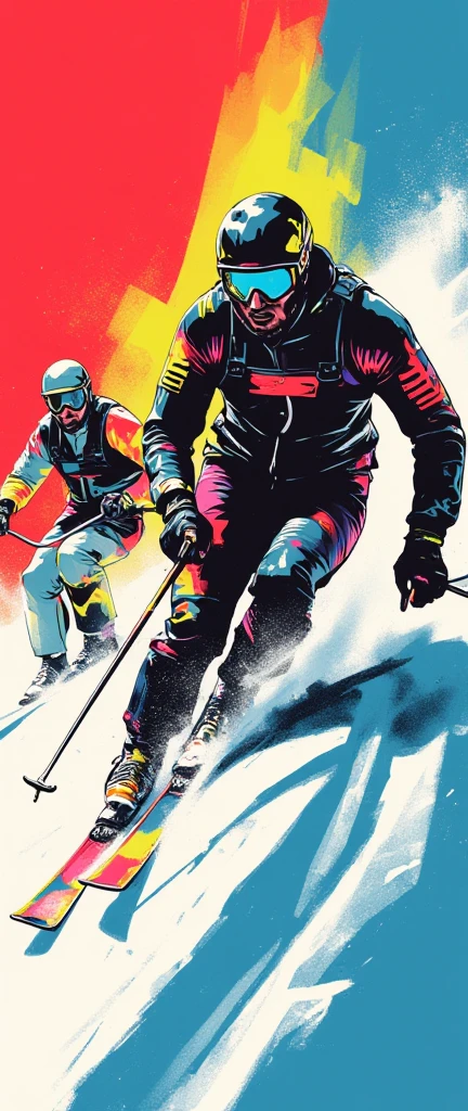 (masterpiece:1.2)、( super detailed)、8k、16k、wallpaper、( ski sprint:2.0)、poster、 Ski Sprint Technology々 neon silhouettes that look like ski splints are lined up in a row、(( Monochrome, Red 、green、Purple、yellow、 Blue、pink Color Palette ))、(( Vector art ))、(( Flat Design )),(snow splashes:2.0),( depth of field:2.0)