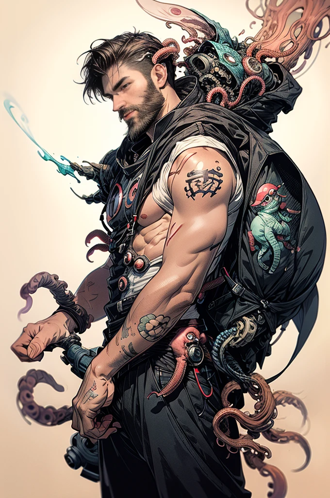 The whole body is painted, One Man, Anxious expression, suffering, Police Officer, Police Officerユニフォーム, mega logic, hyper logic, Masculine appearance, Mature Men, good looking, beautiful logics, Complex and elegant, Highly detailed digital painting, anime-style art, art station, concept art, Highest quality, masterpiece, Ultra-high resolution, Detailed Background, pose tentaclesex, ((Tentacles)), 沢山の触手 太いTentaclesに絡みつかれるPolice Officer, Spread your , Lying on the floor, Constraints, Tentacles entangled in a bulging ,Realistic figures, logic fleshy man, beard, logic, Facial hair, Volumetric lighting, Depth of written boundary, Smooth and sharp focus, figure, art, Light blue striped G-string , String Bytes, Facial hair, Shorn hair, logic, A background full of so many tentacles, Tentacles hanging from the ceiling