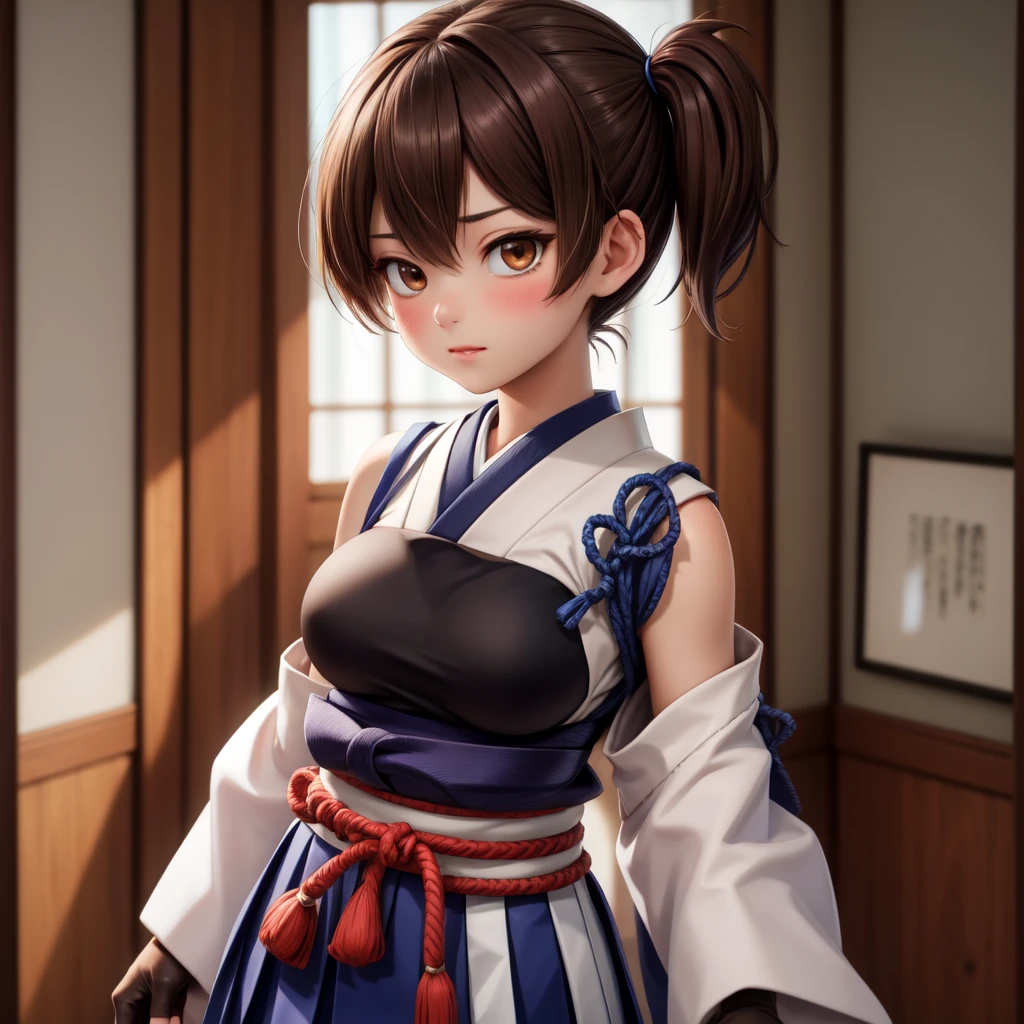 (masterpiece, best quality:1.2),illustration,8k,hd,1girl,solo,upper body,(portrait:1.2),brown_hair,side_ponytail,brown_eyes,short_hair,long_hair,large_breasts,japanese_clothes,muneate,skirt,partially_fingerless_gloves,yugake,black_thighhighs,tasuki,hakama_short_skirt,single_glove,