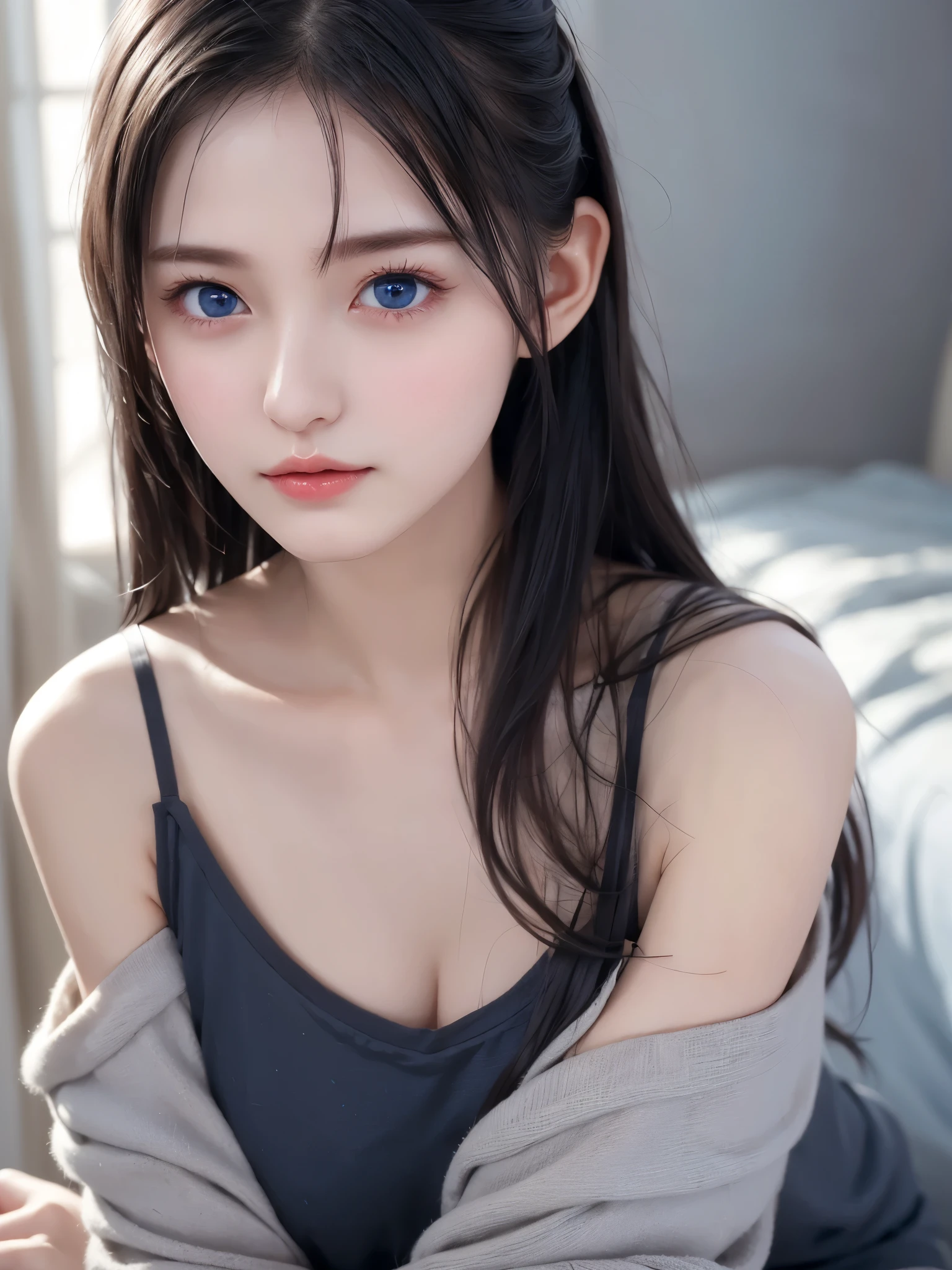 yag、 realistic 、4K resolution、 High Quality CG、Beautiful CG、Soft light、 elegant mature woman、 blue eyes、 Shiny Black Hair 、Forehead、 camisole、bedroom、Beautiful breasts