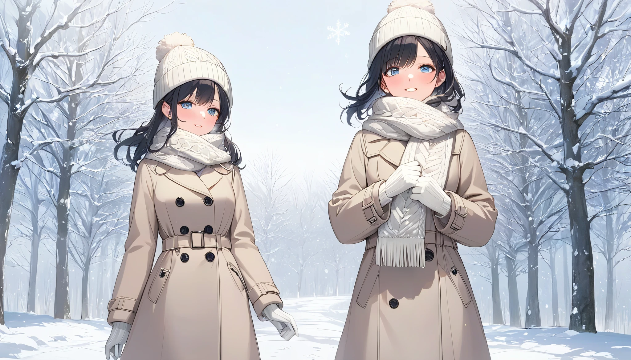 (((Best quality, 8k, Masterpiece: 1.3)), ((best quality)), ((masterpiece)), (detailed), perfect face, perfect body, (detailed skin:1.3), (intricate details), A woman wearing a warm wool coat, a cozy scarf, and knitted hat, walking on a snowy path during a cold winter day. She is also wearing gloves, and her breath is visible in the frosty air due to the cold temperature. Snowflakes are gently falling, and the ground is covered with a layer of fresh snow. The scene is serene and peaceful, with soft natural lighting and a wintry atmosphere. The woman's outfit is stylish yet practical, with earthy or neutral tones, complementing the snowy background, 2 girls