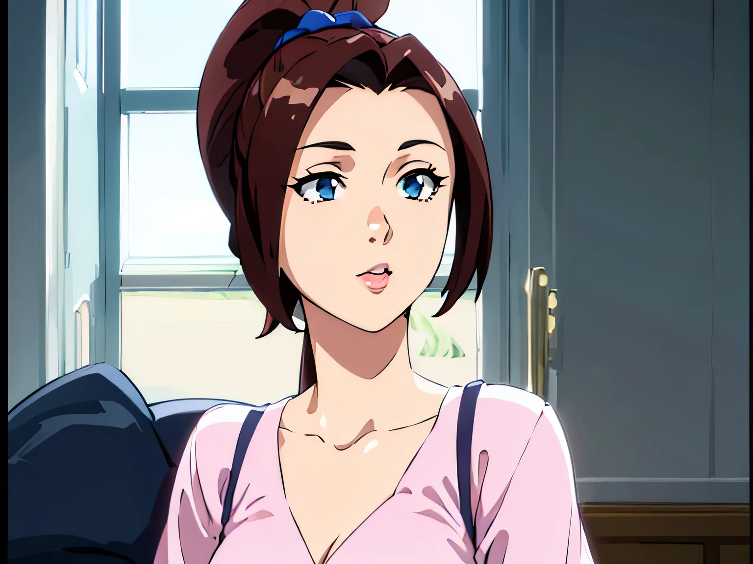 (masterpiece, best quality:1.2) 1girl, woman in her early 20s, pink shirt, face close-up, brown hair, ponytail, indoors, blue eyes, lipstick, looking at viewer, poolside dmg

