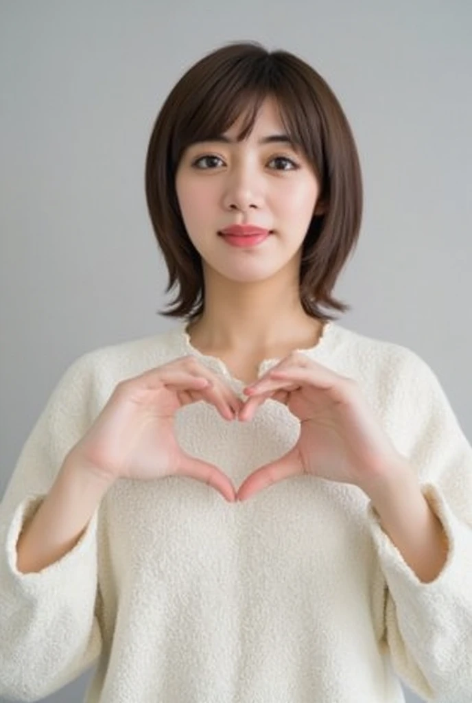  1 woman with a cute smile、I'm wearing cute clothes 。,  fluffy off-shoulder pajamas,  Making a big heart with both hands , Hold it in front of your chest , View above the collarbone、  has a monotone background  

