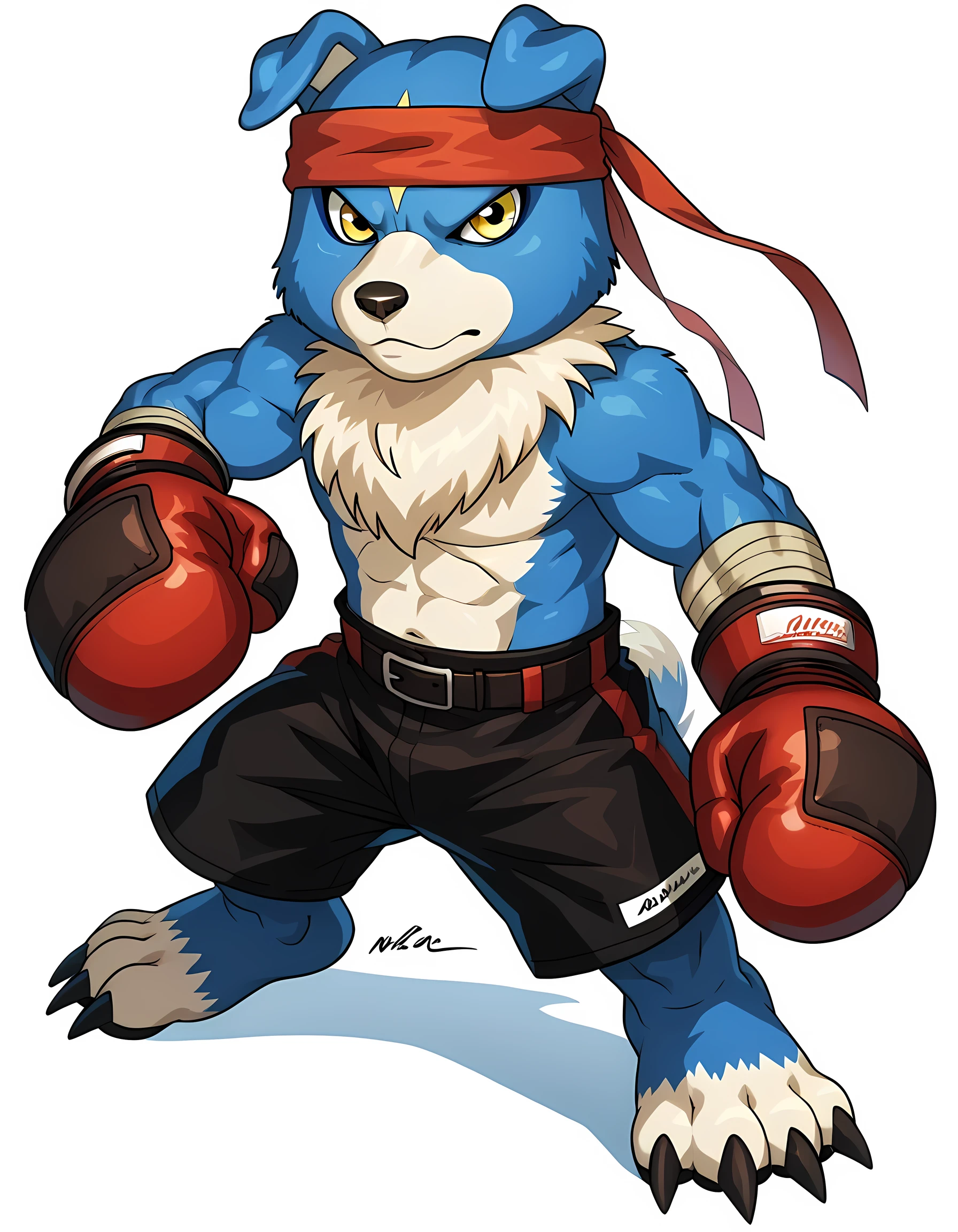 source_anime, gaomon (character), digimon (creature), dog boy, blue body, headband, yellow eyes, boxing gloves, strong body, muscular, boxing pose, white background, detailed, (cel shaded, flat colors):1.2, full body, big belt, boxing trunks, looking at viewer, standing, front view, big boxing gloves, by wfa