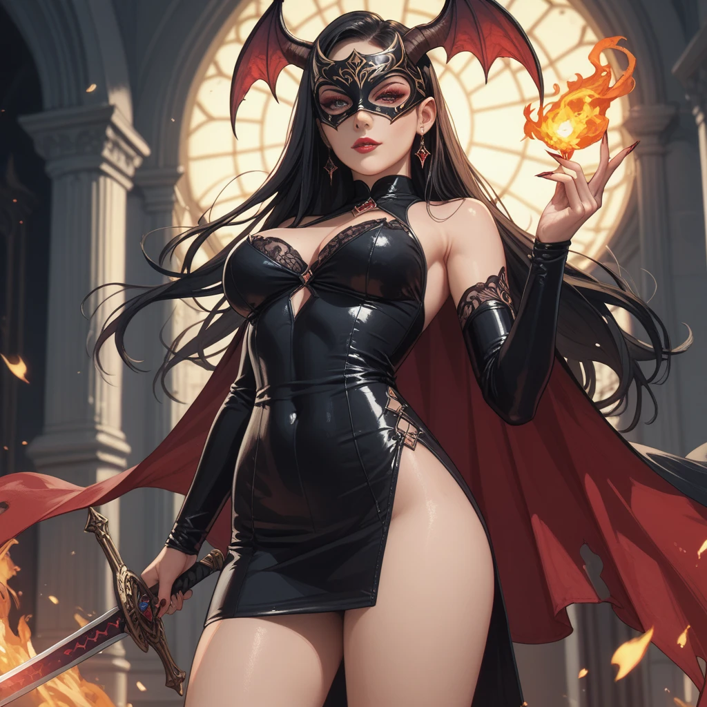 (((1 woman in frame), Pretty Caucasian (female), Sarah Shahi, a slim but muscular body, huge breasts)), ((bright black lipstick)), ((wicked smile)) ((big bright red eyes looking towards the viewer)) ((long black messed hair)), Ultra realistic 8K, flawless, tall, (Heavy makeup), Earring、Standing in a sexy pose、Nikon Z 85mm, ((Best Quality)) ,((masterpiece)), intricate details, Extremely delicate and beautiful, ((devil, black bikni armour:1.6, ((large cleavage))、black latex Ultra micro miniskirt((very very very micro miniskirt exposing full length thigh))、red devil horns、large black devil wings、((beautiful exposed long thighs))、)):1.0、(Full body shot:1.0)、Sexy look, standing pose、NSFW:1.0, burning hell background, night, ((view from bottom))、