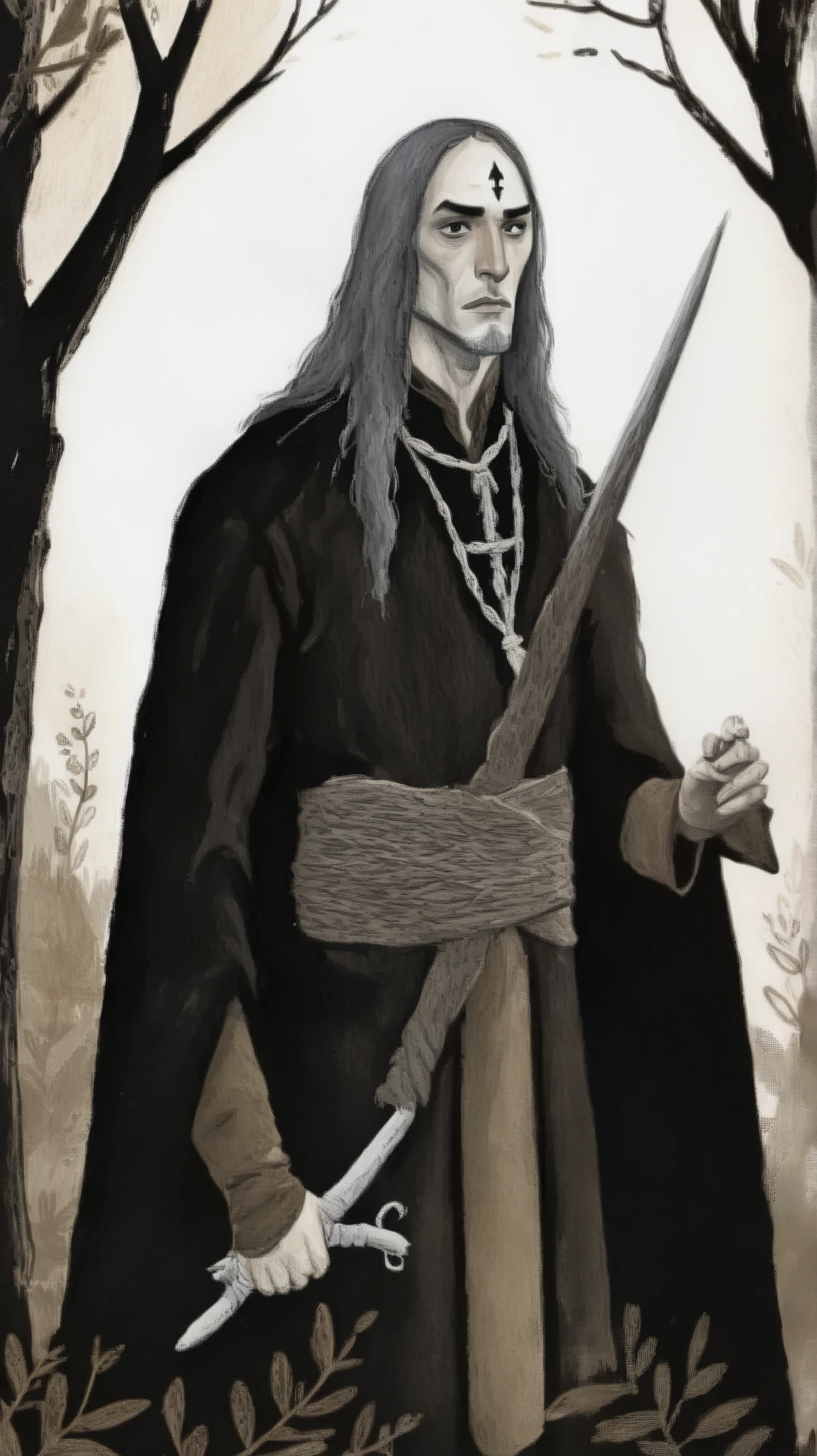 2D ART, hyper detailed gouache painting, illustration, gougoupaintleaves style, portrait of a man, 1boy, solo, long_hair, braided brown hair, high_ponytail_hairstyle, male_drow:1.5, dark elf, black eyes, black_sclera, detailed face, handsome features, dark medieval tunic, pointy ears, standing in a dark forest, pov from_below, frontal full body shot, on simple white background, full body shot, very detailed, ren's picture books