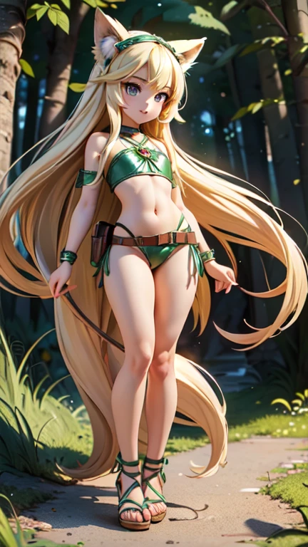 green long hair,Nice face,Red bikini armor,royal crown,Heterochromatic pupil,ssmile,rays of sunshine,fully body photo,the soft light,The stands up,Fantasy Forest