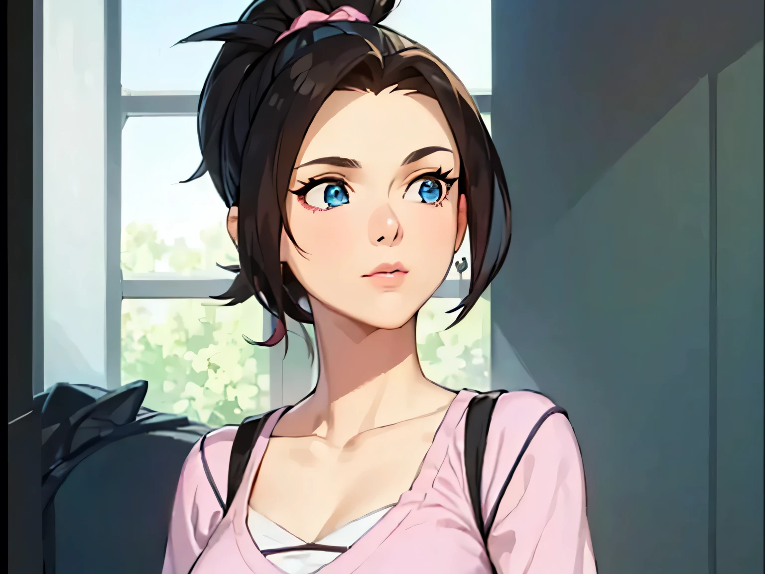 (masterpiece, best quality:1.2) 1girl, woman in her early 20s, pink shirt, face close-up, brown hair, ponytail, indoors, blue eyes, lipstick, looking at viewer, dmgdk

