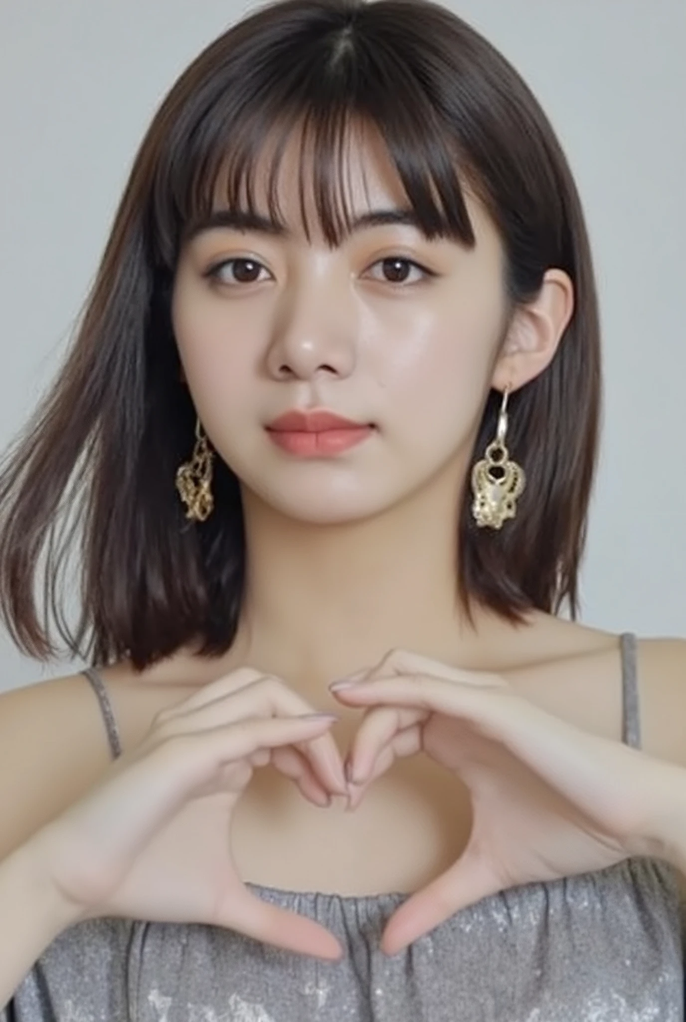  1 woman with a cute smile、I'm wearing cute clothes 。,  fluffy off-shoulder pajamas,  Making a big heart with both hands , Hold it in front of your chest , View above the collarbone、  has a monotone background  

