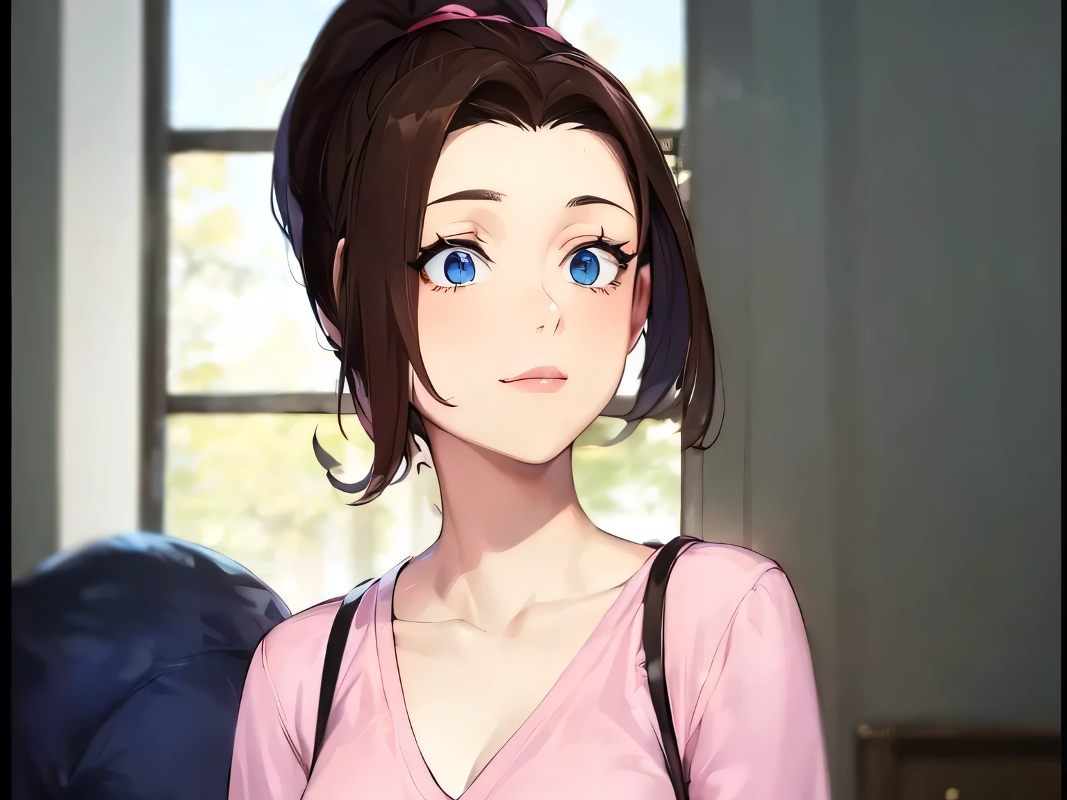 (masterpiece, best quality:1.2) 1girl, woman in her early 20s, pink shirt, face close-up, brown hair, ponytail, indoors, blue eyes, lipstick, looking at viewer, dmgcosplay

