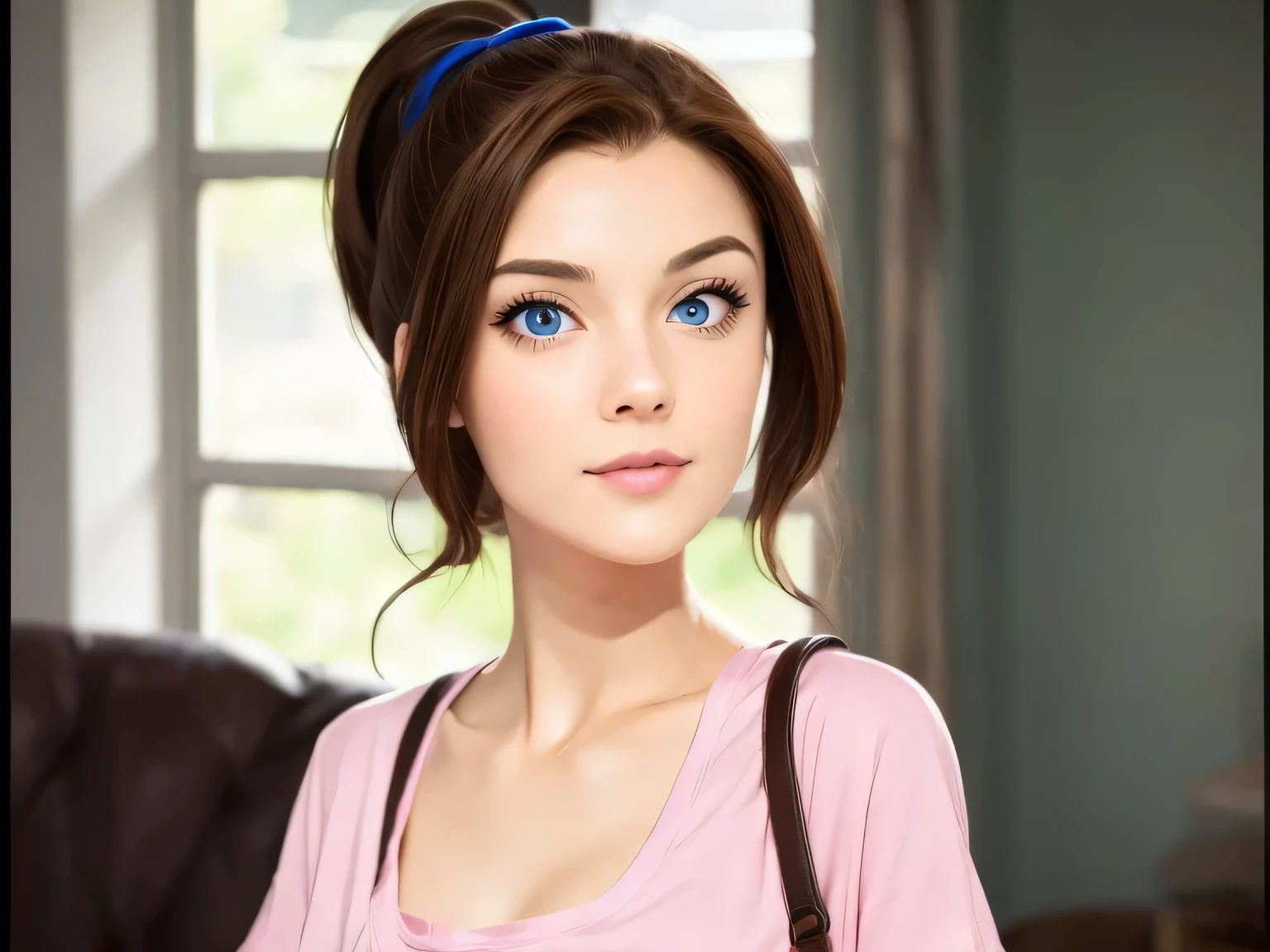 (masterpiece, best quality:1.2) 1girl, woman in her early 20s, pink shirt, face close-up, brown hair, ponytail, indoors, blue eyes, lipstick, looking at viewer, dmgcosplay

