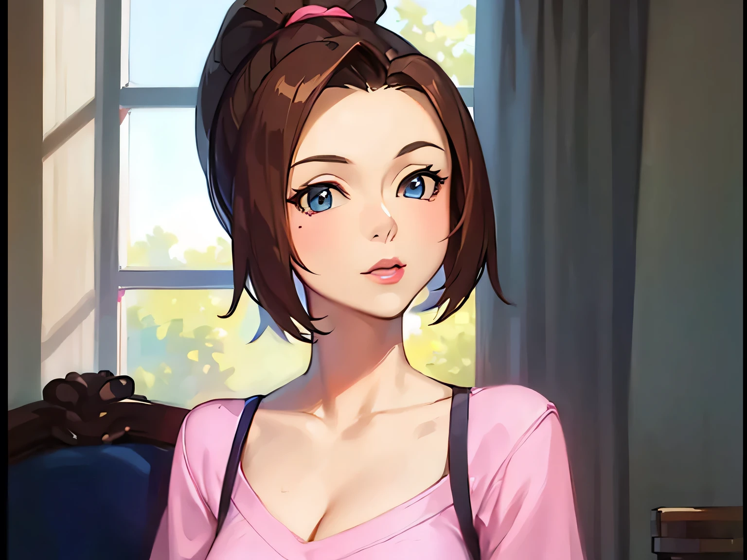 (masterpiece, best quality:1.2) 1girl, woman in her early 20s, pink shirt, face close-up, brown hair, ponytail, indoors, blue eyes, lipstick, looking at viewer, dmgs

