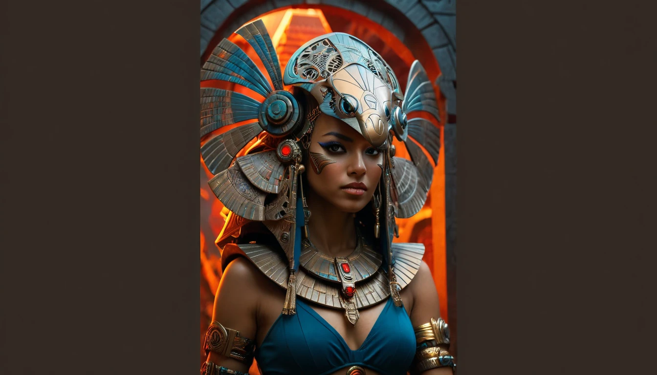  portrait of the Egyptian woman , cyberpunk, therefore, pyramid,  hyperdetailed eyes,  hyperrealism extremely detailed epic masterpiece ,  detailed dark fantasy ,  Splash art intricately detailed on Artstation hyperdetailed Eldritch dynamic lighting, red sunset , attacking angel ,  red light cross ,  chrome silk with intricate gold ornament woven filigree ,  dark and mysterious background, (4K),  realistic photo , cinematic, still do filme,  captured in the Sony Alpha A7 III camera style 