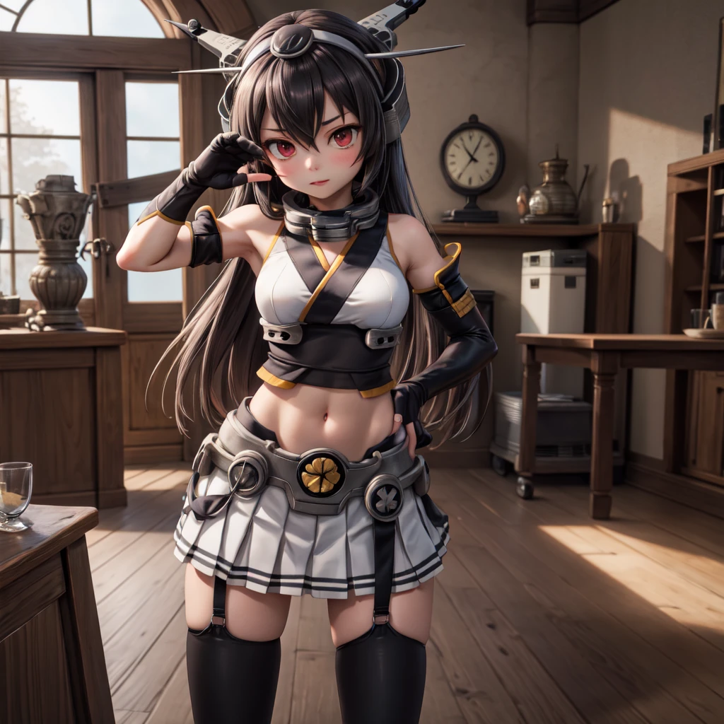 masterpiece, best quality, highres, aanagato, long hair, headgear, hairband, collar, bare shoulders, crop top, elbow gloves, fingerless gloves, black gloves, midriff, pleated skirt, white skirt, garter straps, thighhighs, cowboy shot, standing, indoors, salute, straight-on,