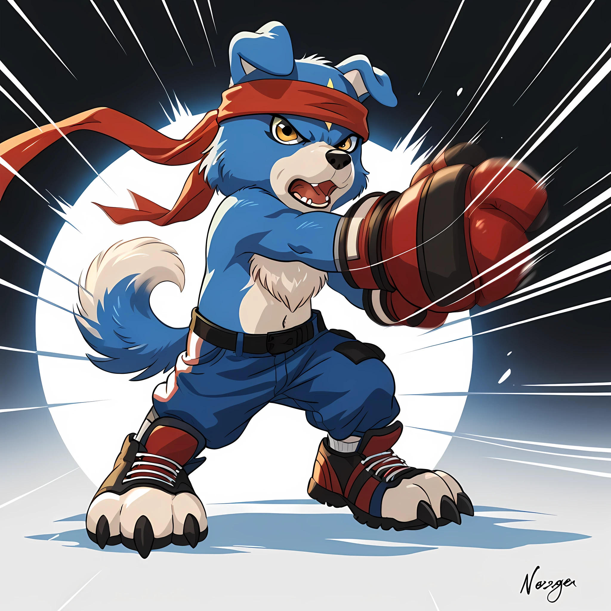 source_anime, cartoon, gaomon (character), digimon (creature), dog boy, blue body, headband, yellow eyes, boxing gloves, white background, detailed, (cel shaded, flat colors):1.5, full body, motion blur, speed lines, by wfa, by negger, punching at viewer, shoes, toes, claws