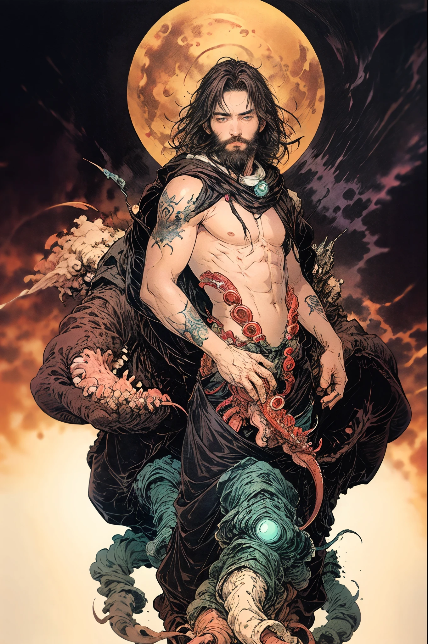 best quality,masterpiece,Ultra-high resolution,1 person,Lie down,looking at the audience,one,Yamamoto Takashi style,
simple background,White_background,Machinery Division,Exoskeleton,Cold-blooded bearded man,white skin, toughboy style, Shirtless,trousers, muscle, tattoo