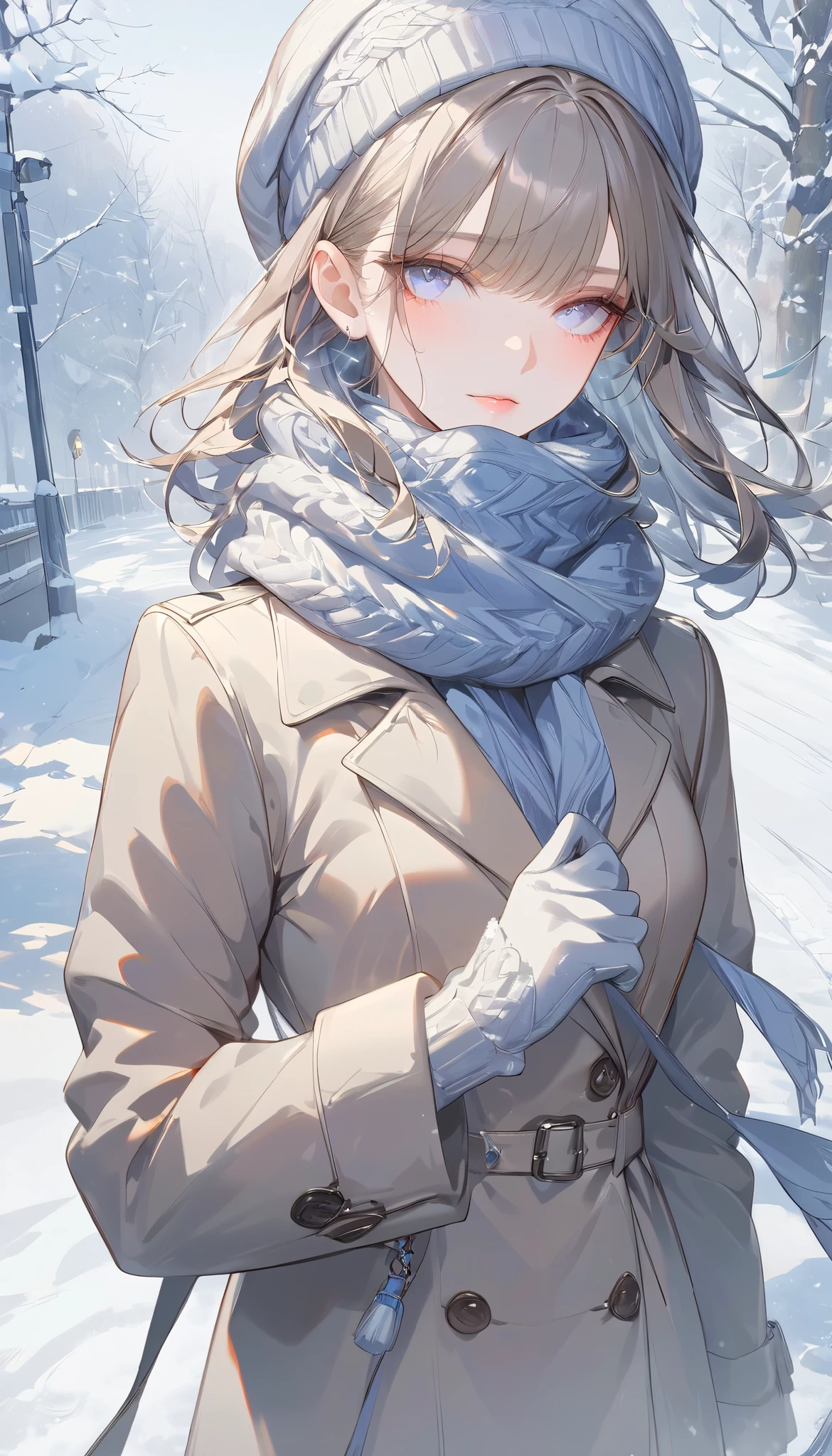 (((Best quality, 8k, Masterpiece: 1.3)), ((best quality)), ((masterpiece)), (detailed), perfect face, perfect body, (detailed skin:1.3), (intricate details), A woman wearing a warm wool coat, a cozy scarf, and knitted hat, walking on a snowy path during a cold winter day. She is also wearing gloves, and her breath is visible in the frosty air due to the cold temperature. Snowflakes are gently falling, and the ground is covered with a layer of fresh snow. The scene is serene and peaceful, with soft natural lighting and a wintry atmosphere. The woman's outfit is stylish yet practical, with earthy or neutral tones, complementing the snowy background, 2 girls