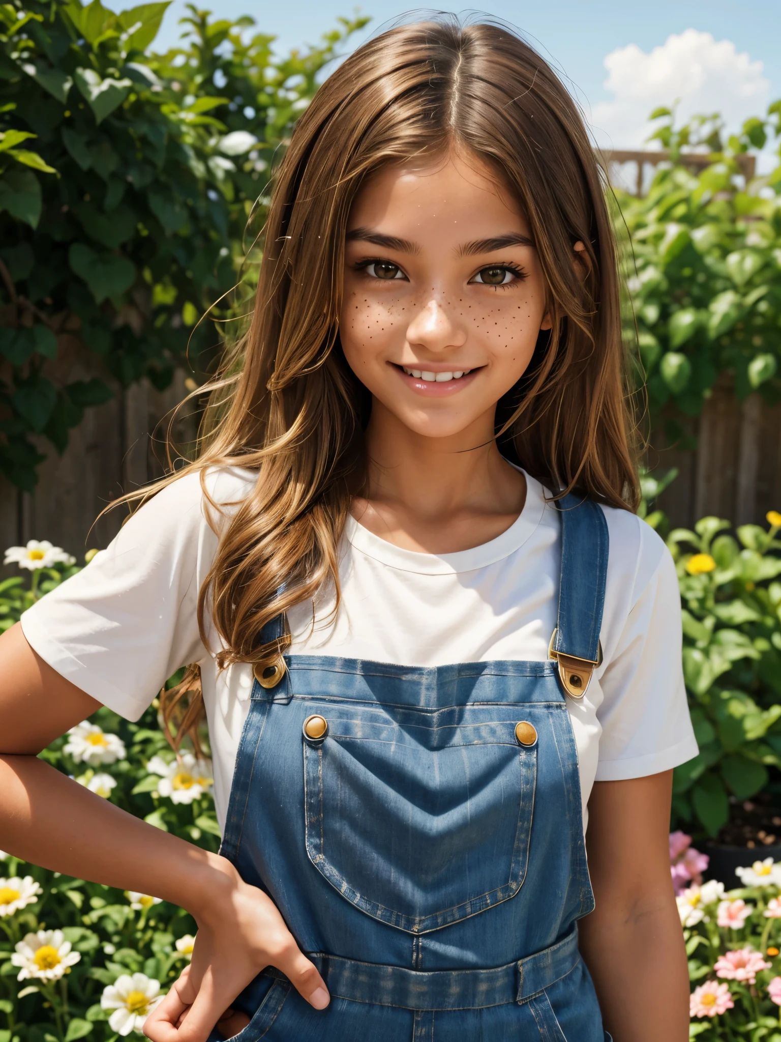 (best quality), 1girl, female, honey toned skin, chestnut hair, long hair, slightly wavy hair, brown eyes, perfect eyes, freckles, tomboy, overalls, gardener, gardening gloves, garden, petite, small bust, smile, masterpiece, anatomically correct, highres
