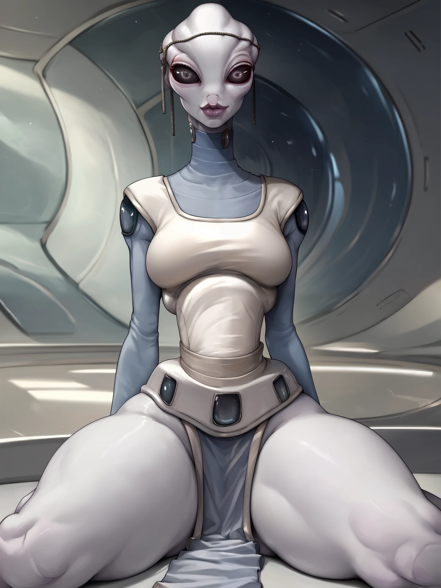 source_anime, Taun We Kaminoan, female Kaminoan, tall, white skin, alien, kamino, 1girl, big lips,  solo, beautiful eyes, sitting inside white room on kamino, wearing tight white and blue bodysuit, taun we dress, kaminoan clothing, medium breasts, breasts wide hips, able to see ass from the front, thickthighs, alien private parts,  legs spread, smug, chin_rest, facing viewer, looking at viewer