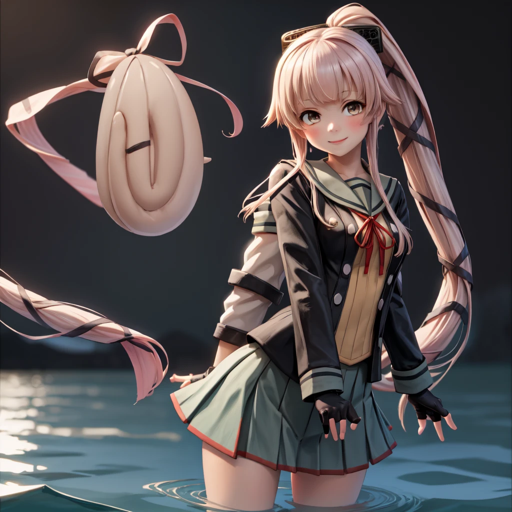 (masterpiece, best quality:1.2), solo, 1girl, yuradef, smile, looking at viewer, wading, ponytail, hair ribbon, school uniform, jacket, serafuku, neck ribbon, black gloves, partially fingerless gloves, grey skirt 