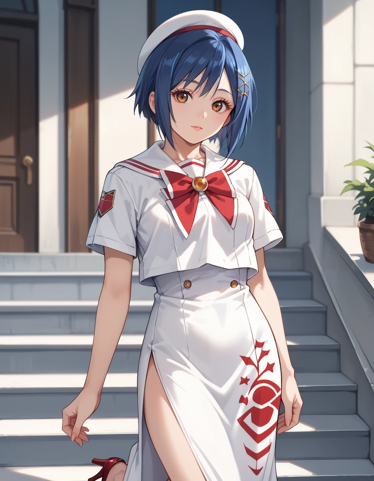 score_9, score_8_up, score_7_up,1girl, aika, blue hair, short hair, hair ornament, brown eyes, perfect beautiful face, long eyelashes, aria company uniform, white beret, blouse, red bowtie, brooch, white sailor collar, short sleeves, long dress, dress, side slit, print dress, red high heels