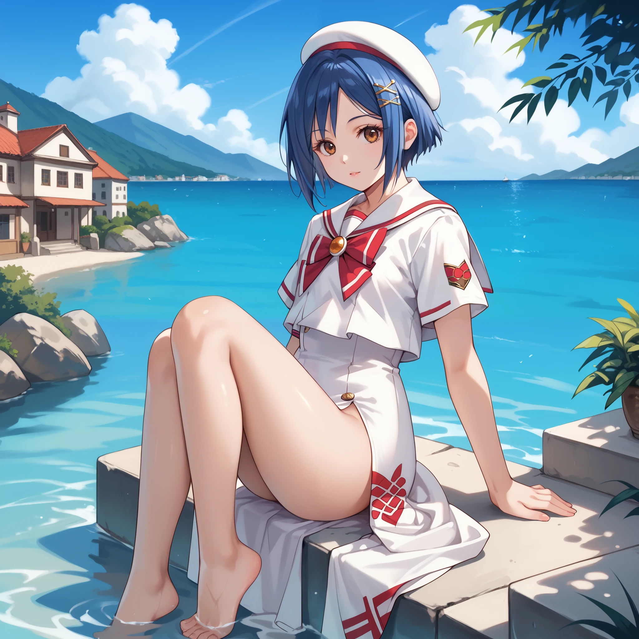 score_9, score_8_up, score_7_up,1girl, aika, blue hair, short hair, hair ornament, brown eyes, perfect beautiful face, long eyelashes, aria company uniform, white beret, blouse, red bowtie, brooch, white sailor collar, short sleeves, long dress, dress, side slit, print dress, barefoot, (outdoors, day, blue sky, venice) / sitting on stone embankment, feet in water 