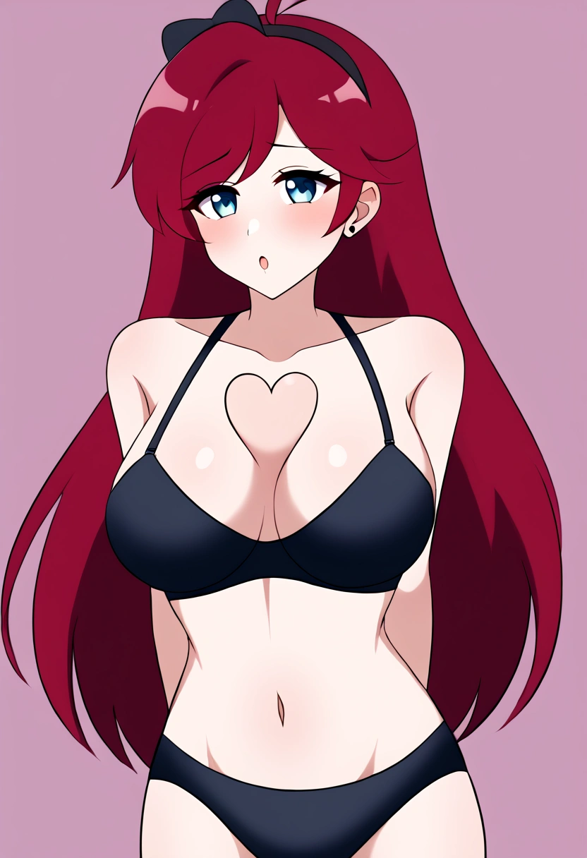 Red-haired Latino porn anime ,  with pink and black lingerie ,  with the heart coming out of the chest like an NSFW cartoon More explicit like the second image 

