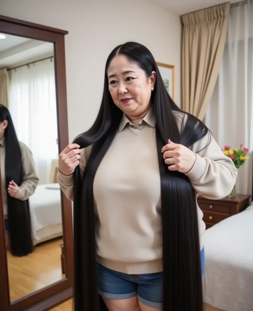 8k, top quality , masterpiece,  super high resolution ,(masterpiece:1.6,  top quality ),   Intricate Details , (( 1 Woman )), full body, ((Leaning forward:1.4)), On the head,  Middle-aged woman in her 50s , Japanese , (( Extremely Long Hair  :1.5)),(( Jet Black Hair )), ((Forehead:1.5)),  ((Extreme obesity, Fat face, Round face, Saggy face,  wrinkles on crow's footprints :1.4)), ((Big Breasts,  huge breasts:1.5)), ((Super saggy breasts:1.5)), (( blue-white skin,  pubic skin, red lips )),(( cream sweater ,   blue super shorts  :1.5)), ((A mature woman is standing in front of a mirror in her bedroom combing her ridiculously long black hair:1.5)), (( 年配女性のばか長い黒髪が床に広がる :1.5)),(bedroom,mirror,机の上に置かれた木製のコームとバレッタ :1.3)