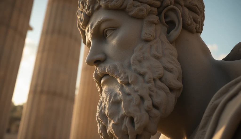 Closeup of a stoic Greek sculpture, virile physiques showcased prominently from the forefront, undeniably reminiscent of a statue of Marcus Aurelius or Zeus, muscle sinews intricately carved in stone, dominant Greek columns obscured gently in the background, cinematic ambiance, 8K resolution, steeped in obsidian hues.