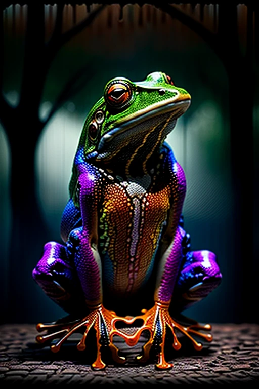 A black and neon multicolored frog sits on a treebranch in a public park with a brick wall behind him. Scrawled in supet fancy graffiti is the word "FROG". The frog has one hand pressed to his chest like he's shoeing you his gang sign.  Photorealistic, cinematic,realism, hyperreality, macro photography, cinematic portrait, realistic, photo- realistic, realisticism, UHDR, ultra detailed images, award winning, masterpiece.