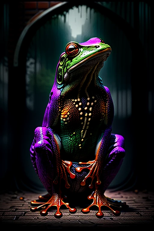 A black and neon multicolored frog sits on a treebranch in a public park with a brick wall behind him. Scrawled in supet fancy graffiti is the word "FROG". The frog has one hand pressed to his chest like he's shoeing you his gang sign.  Photorealistic, cinematic,realism, hyperreality, macro photography, cinematic portrait, realistic, photo- realistic, realisticism, UHDR, ultra detailed images, award winning, masterpiece.