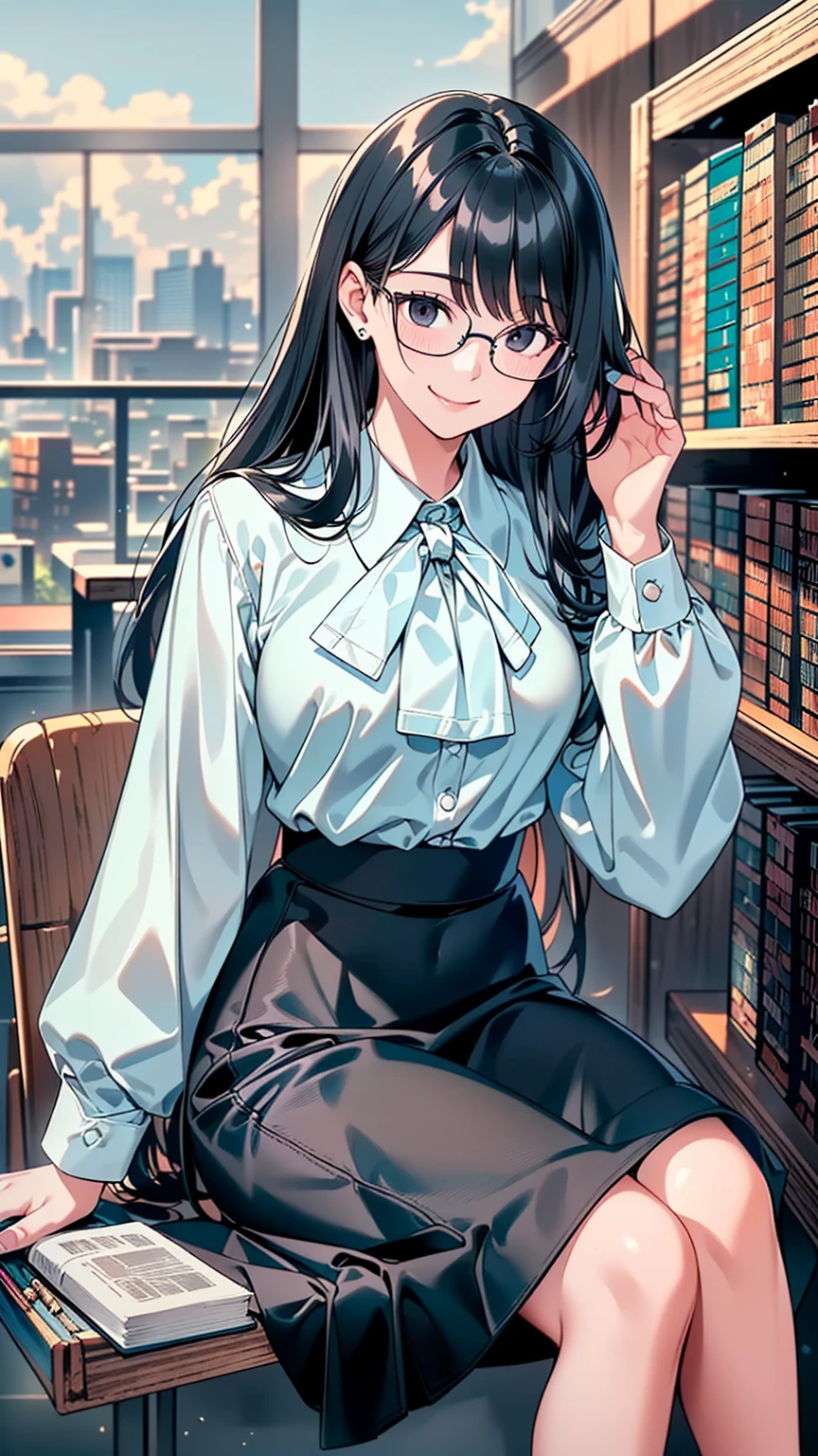 ((feature large highlight:1.3)),  beautiful eyes ,4K,  super high resolution  ,(( Libraries :1.5)),  black hair,  One Girl ,Alone,(  smooth hair :1.4),(   straight hair :1.3),Big Breasts,((  upper body:1.3)),whole body、 Glasses、(naughty smile:1.3)、((  black eyewear that dwells in the eyes:1.3)、(  have small heads :1.2)、(((Light blue cloth :1.4))),(small mouth:1.3)、 thin thighs 、( tight skirt :1.4),(( soft edge :1.4)),(((Detailed lines))), Dark Eyes,Black   beautiful eyes:1.3、   Real Skin、Curvy:1.2、(((:1.3))),(smile:1.3),( pubic skin),( cheeks without makeup :1.4),((20 years old))、((  pencil skirt:1.2)),((Beautiful Black eyes:1.3)),20 old year:1.3