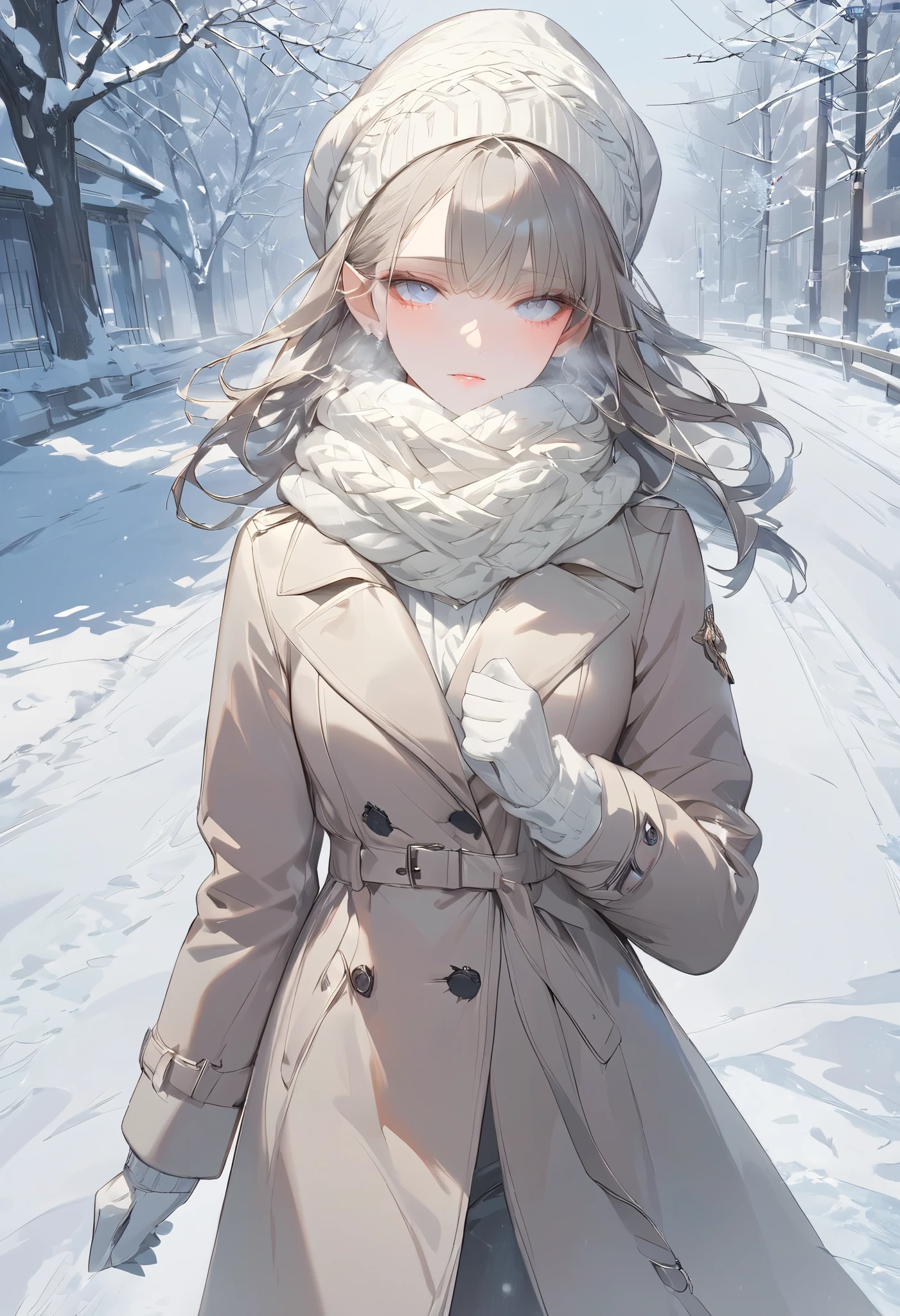 (((Best quality, 8k, Masterpiece: 1.3)), ((best quality)), ((masterpiece)), (detailed), perfect face, perfect body, (detailed skin:1.3), (intricate details), A woman wearing a warm wool coat, a cozy scarf, and knitted hat, walking on a snowy path during a cold winter day. She is also wearing gloves, and her breath is visible in the frosty air due to the cold temperature. Snowflakes are gently falling, and the ground is covered with a layer of fresh snow. The scene is serene and peaceful, with soft natural lighting and a wintry atmosphere. The woman's outfit is stylish yet practical, with earthy or neutral tones, complementing the snowy background, 2 girls