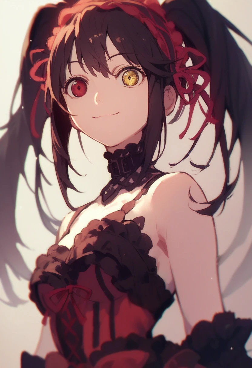  1 girl,Alone,Tokisaki Kurumi, long hair, Twin Tails ,smile, dress, heterochromia, yellow eyes, is watching viewers,Clock Eye , symbol pupil , headband, dress,medium breasts, upper body, Dutch Angle

