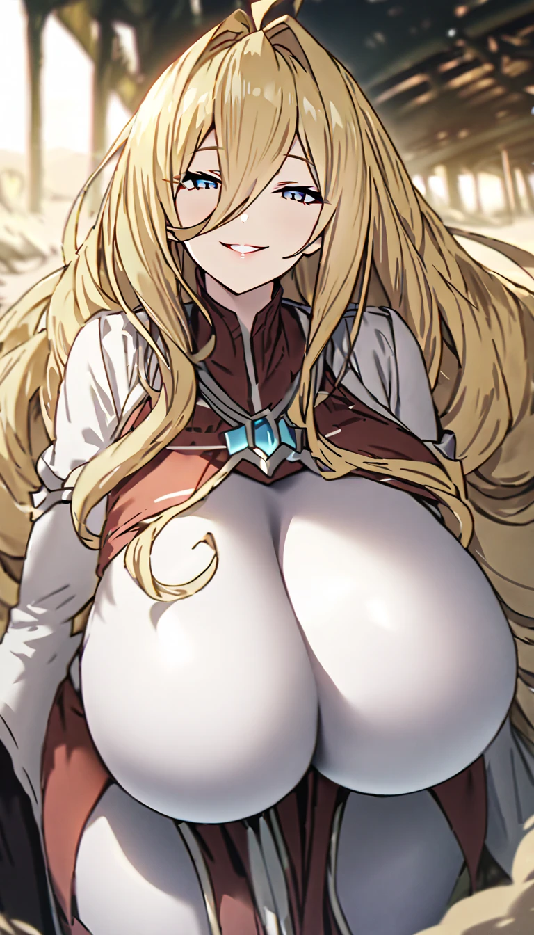 Solution Epsilon de Overlord, with her long hair, blonde and curly in spirals, blue eyes and pale skin. She wears a red slingshot swimsuit that highlights her extremely voluptuous figure., with breasts much larger than normal and swollen nipples. He is standing on the sand with the sea in the background and a confident expression on his face, showing his characteristic calm and elegant gesture.
(masterpiece quality, High resolution, detailed background:1.25), (giant breasts:1.5), looking at the viewer, smile.