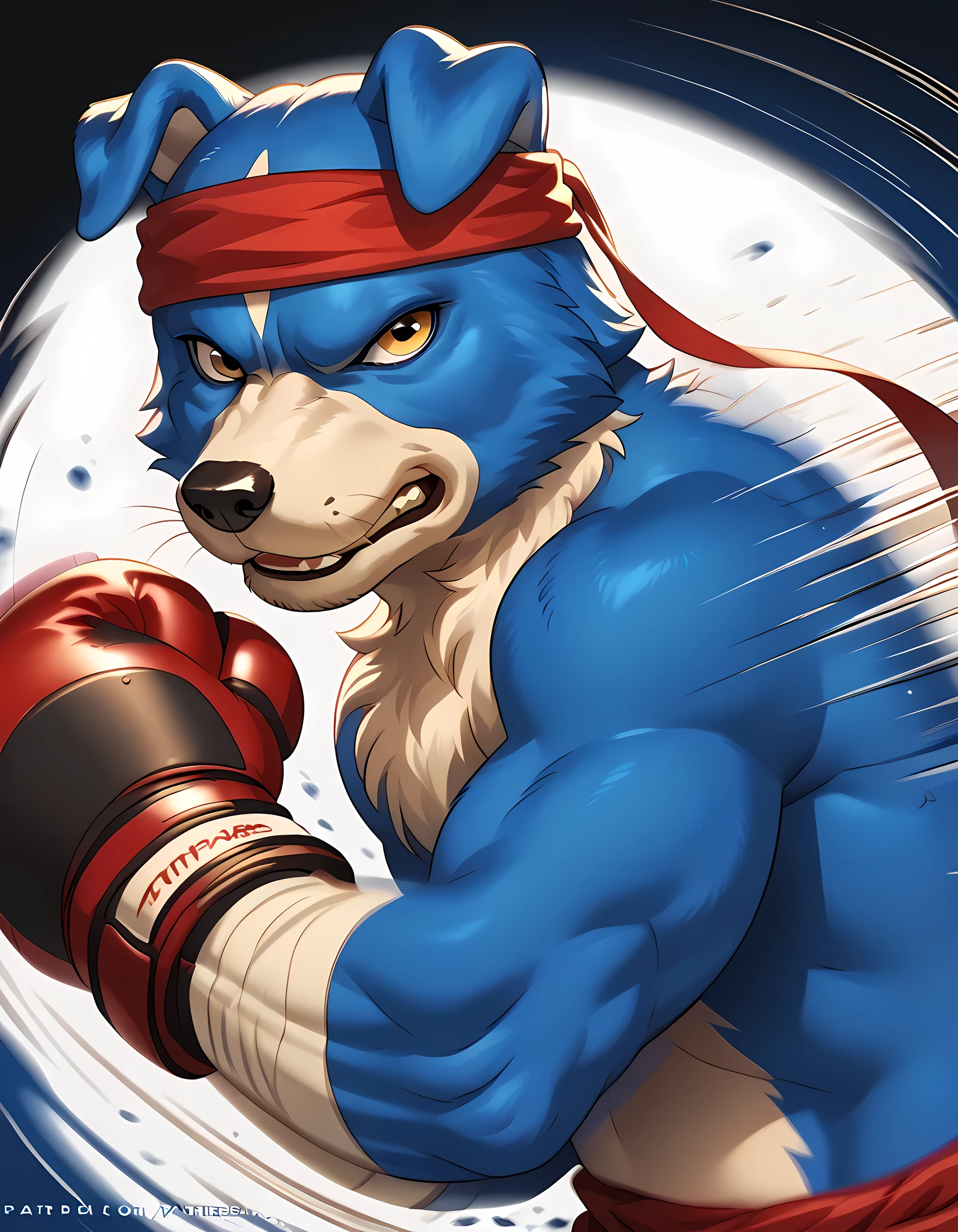 source_anime, gaomon (character), digimon (creature), dog boy, blue body, headband, yellow eyes, boxing gloves, white background, detailed, (cel shaded, flat colors):1.5, motion blur, speed lines, wfa colors:1.2, punching at viewer, half body, by wfa,