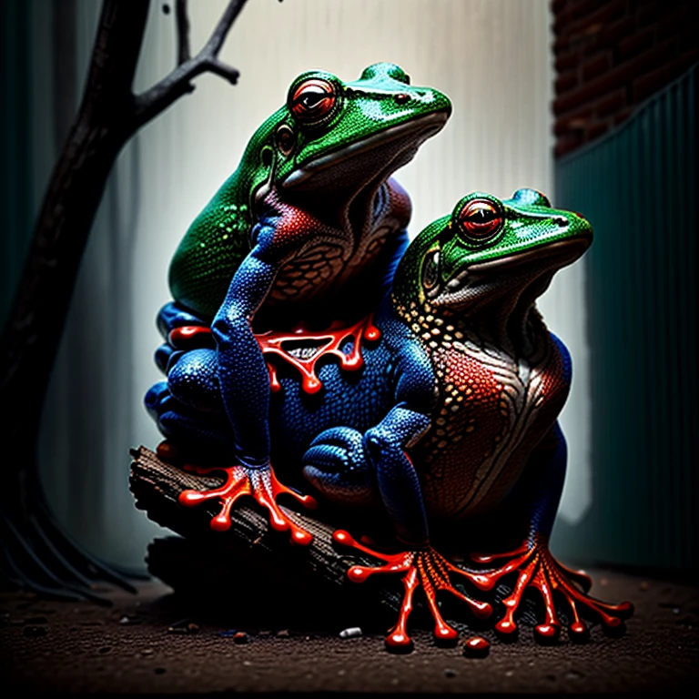 A black and neon multicolored frog sits on a treebranch in a public park with a brick wall behind him. Scrawled in supet fancy graffiti is the word "FROG". The frog has one hand pressed to his chest like he's shoeing you his gang sign.  Photorealistic, cinematic,realism, hyperreality, macro photography, cinematic portrait, realistic, photo- realistic, realisticism, UHDR, ultra detailed images, award winning, masterpiece.