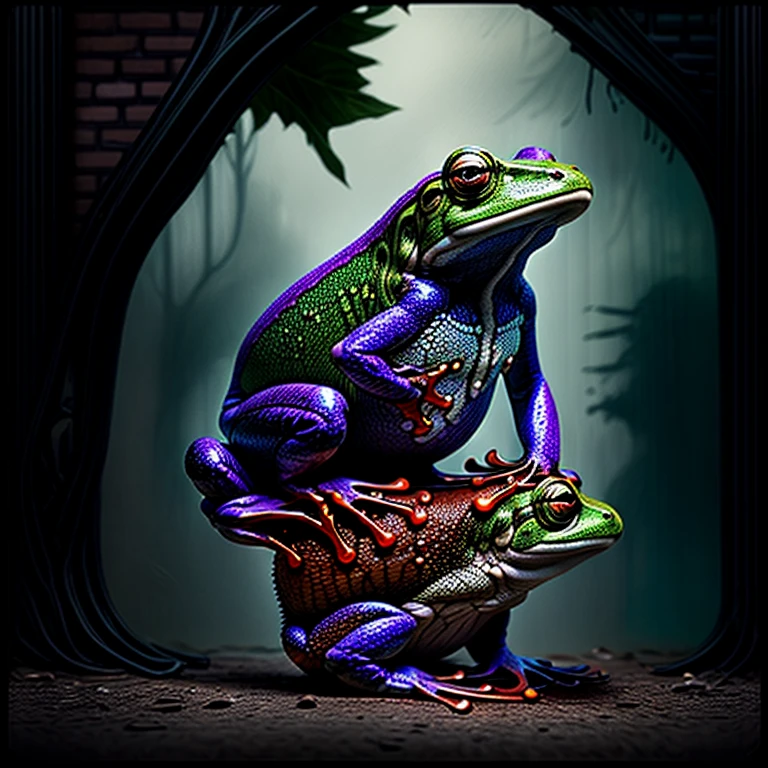 A black and neon multicolored frog sits on a treebranch in a public park with a brick wall behind him. Scrawled in supet fancy graffiti is the word "FROG". The frog has one hand pressed to his chest like he's shoeing you his gang sign.  Photorealistic, cinematic,realism, hyperreality, macro photography, cinematic portrait, realistic, photo- realistic, realisticism, UHDR, ultra detailed images, award winning, masterpiece.