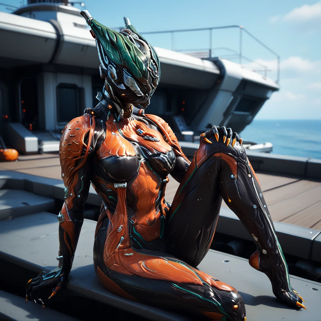 valkyr , Alone, warframe,  feline-inspired armor ,  faceless helmet ,  right side of the helmet with the color green in the middle, nice helmet, corpo sexy,  armor painted in black and orange , Beautiful body,  claw-like nails , cat feet ,  futuristic scenery looking like inside a ship 