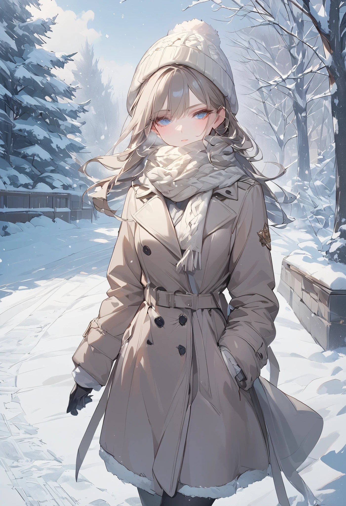 (((Best quality, 8k, Masterpiece: 1.3)), ((best quality)), ((masterpiece)), (detailed), perfect face, perfect body, (detailed skin:1.3), (intricate details), A woman wearing a warm wool coat, a cozy scarf, and knitted hat, walking on a snowy path during a cold winter day. She is also wearing gloves, and her breath is visible in the frosty air due to the cold temperature. Snowflakes are gently falling, and the ground is covered with a layer of fresh snow. The scene is serene and peaceful, with soft natural lighting and a wintry atmosphere. The woman's outfit is stylish yet practical, with earthy or neutral tones, complementing the snowy background, 2 girls