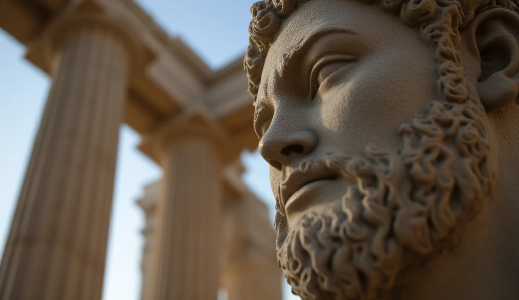 Closeup of a stoic Greek sculpture, virile physiques showcased prominently from the forefront, undeniably reminiscent of a statue of Marcus Aurelius or Zeus, muscle sinews intricately carved in stone, dominant Greek columns obscured gently in the background, cinematic ambiance, 8K resolution, steeped in obsidian hues.