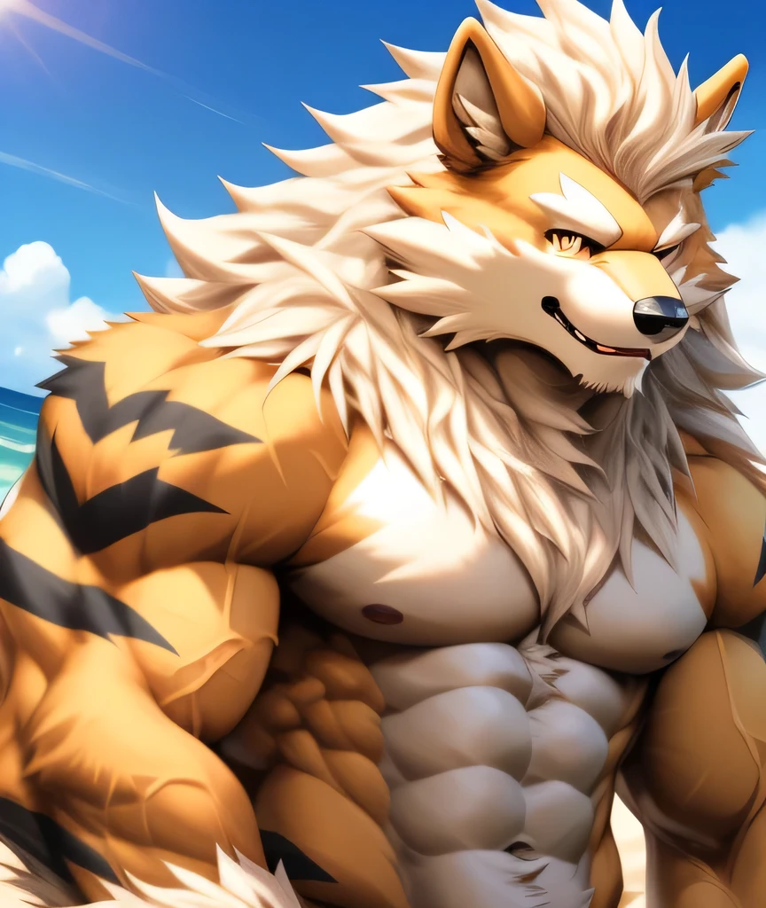 nj5furry, (((BACK))), (((BACK))), (((BACK:1.2))), (((BACK))), (Arcanine, massive, huge, young face, teen, bodybuilders body), Leomon, ((extremely realistic shadows, masterpiece, extremely detailed, photorealistic)), kemono, young, teen, ((16 years)), firm back, massive back, round butt, firm and shapely buttocks, back, broad shoulders, standing on your back, firm buttocks, round buttocks, shapely buttocks, massive and very muscular back, (((BROWN FUR))) Leomon, ((detailed face)) nose, green eyes, ((detailed eyes)), smile, mischievous smile, mischievous expression, white teeth, mouth slightly open, red tongue, brown skin, brown fur, brown hair, sexy, height 3 meters high, the optimal height, tight clothing, body full of muscles; muscle bulge pecs, bulge in the crotch, massive ripped abs, V-shaped body, thick waist, long legs, strong arms manly, handsome face, attractive cool calm face type with a cold smile, bodybuilder body, topless. Beach, ruins of a Jedi temple behind him; bulge in the crotch, wears a tiny thong that reveals huge, muscular thighs, bulge biceps, looking at viewer. Opening legs、Large bulge、Raised bulge、Bulging erection、low angles