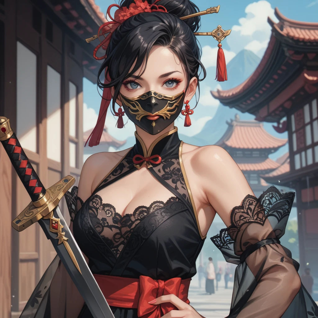 a woman in a costume with a sword, wearing Xianxi clothing,  black hair, wearing black lace venetian mask with transparent details,  anime art 