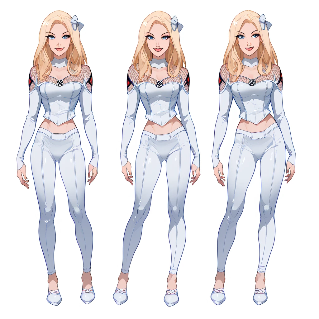 ((full body shot)) Emma Frost - Marvel , ((character design sheet)), masterpiece, best quality, highly detailed, score_9, score_8_up, score_7_up, score_6_up, anime font,BREAK , 2girl, long hair, blue eyes, hair bow, small breasts, bow, looking at viewer, freckles, parted lips, smile, full body, red lips, lips, side front, she looks at you, your gauze hurts, fishnets, white background, neutral cast, dance pose, shoulder pads, dominatrix, leather ballet slipper , gold

