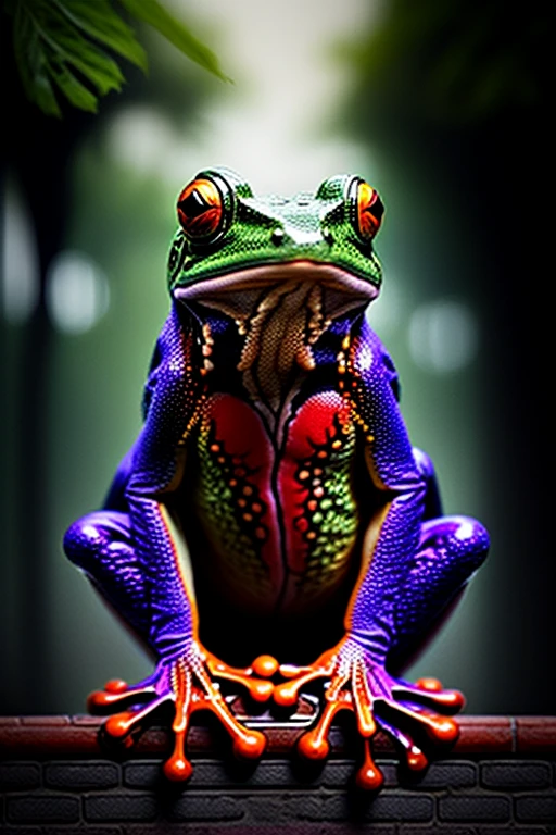 A black and neon multicolored frog sits on a treebranch in a public park with a brick wall behind him. Scrawled in supet fancy graffiti is the word "FROG". The frog has one hand pressed to his chest like he's shoeing you his gang sign.  Photorealistic, cinematic,realism, hyperreality, macro photography, cinematic portrait, realistic, photo- realistic, realisticism, UHDR, ultra detailed images, award winning, masterpiece.