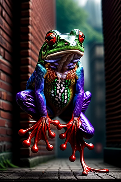 A black and neon multicolored frog sits on a treebranch in a public park with a brick wall behind him. Scrawled in supet fancy graffiti is the word "FROG". The frog has one hand pressed to his chest like he's shoeing you his gang sign.  Photorealistic, cinematic,realism, hyperreality, macro photography, cinematic portrait, realistic, photo- realistic, realisticism, UHDR, ultra detailed images, award winning, masterpiece.