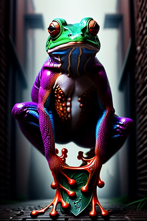 A black and neon multicolored frog sits on a treebranch in a public park with a brick wall behind him. Scrawled in supet fancy graffiti is the word "FROG". The frog has one hand pressed to his chest like he's shoeing you his gang sign.  Photorealistic, cinematic,realism, hyperreality, macro photography, cinematic portrait, realistic, photo- realistic, realisticism, UHDR, ultra detailed images, award winning, masterpiece.